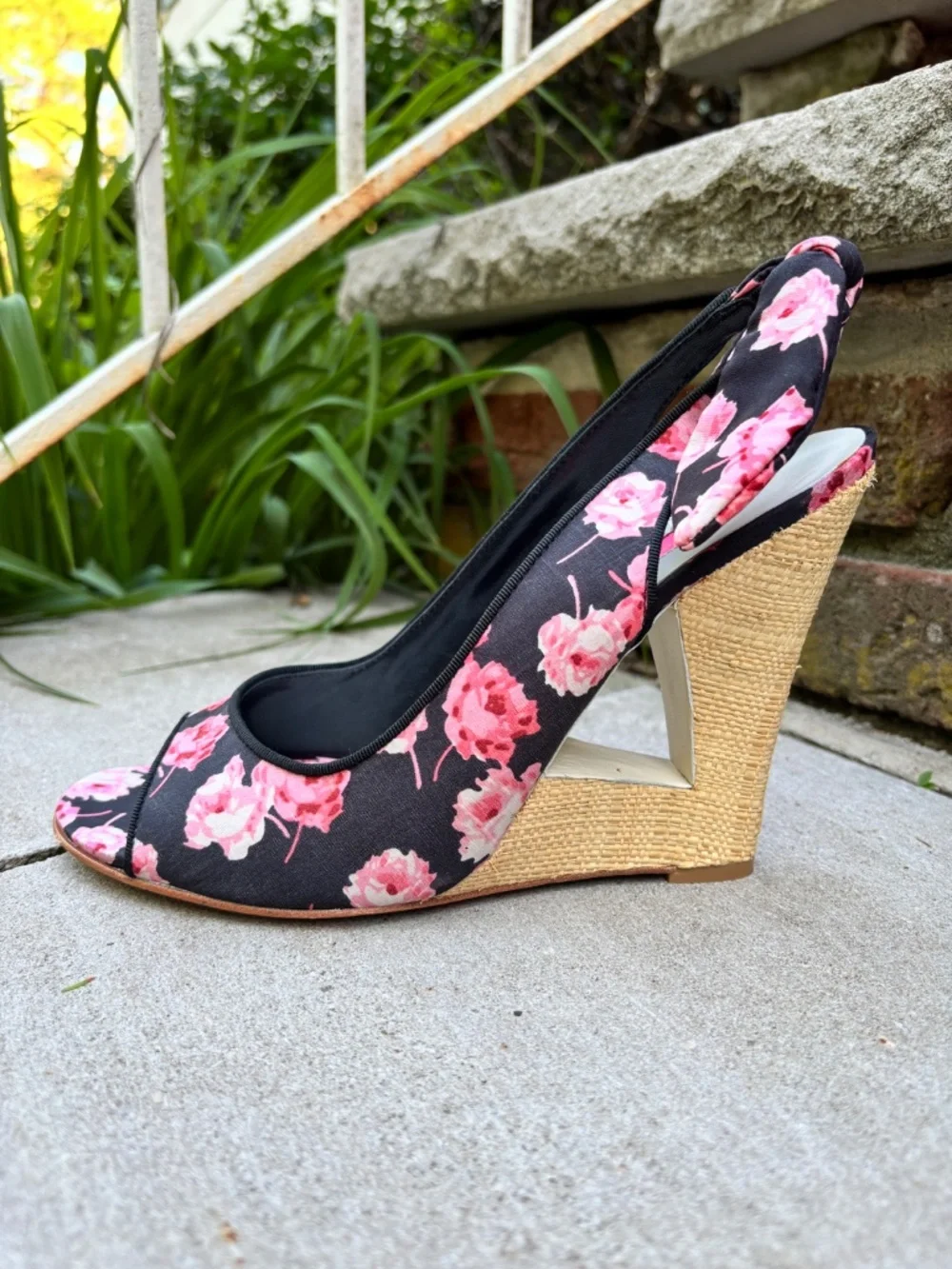 NIB Vntg Betsey Johnson Rose Print Espadrille Slingback Bow Wedges Sz. 10M